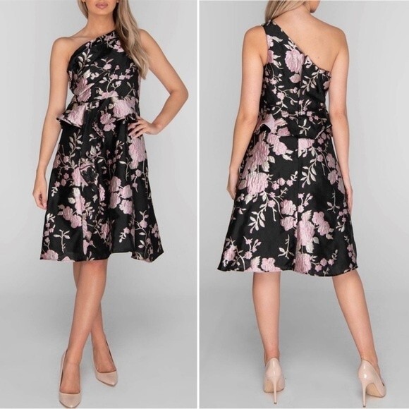 NWT Adrianna Papell One Shoulder Dress Black & Pink Floral Jacquard Size 6 NEW - Picture 1 of 16